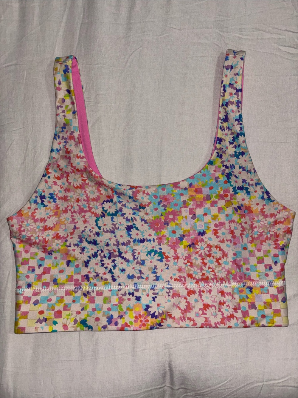 Fabletics Reversible Sports Bra - Multicolor Floral Check & Pink